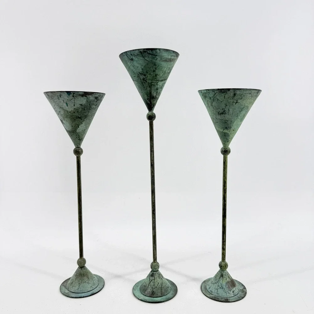 Vtg Verdigris Taper Christian Beaumont Post-Modern Decor Teal Metal Candlesticks